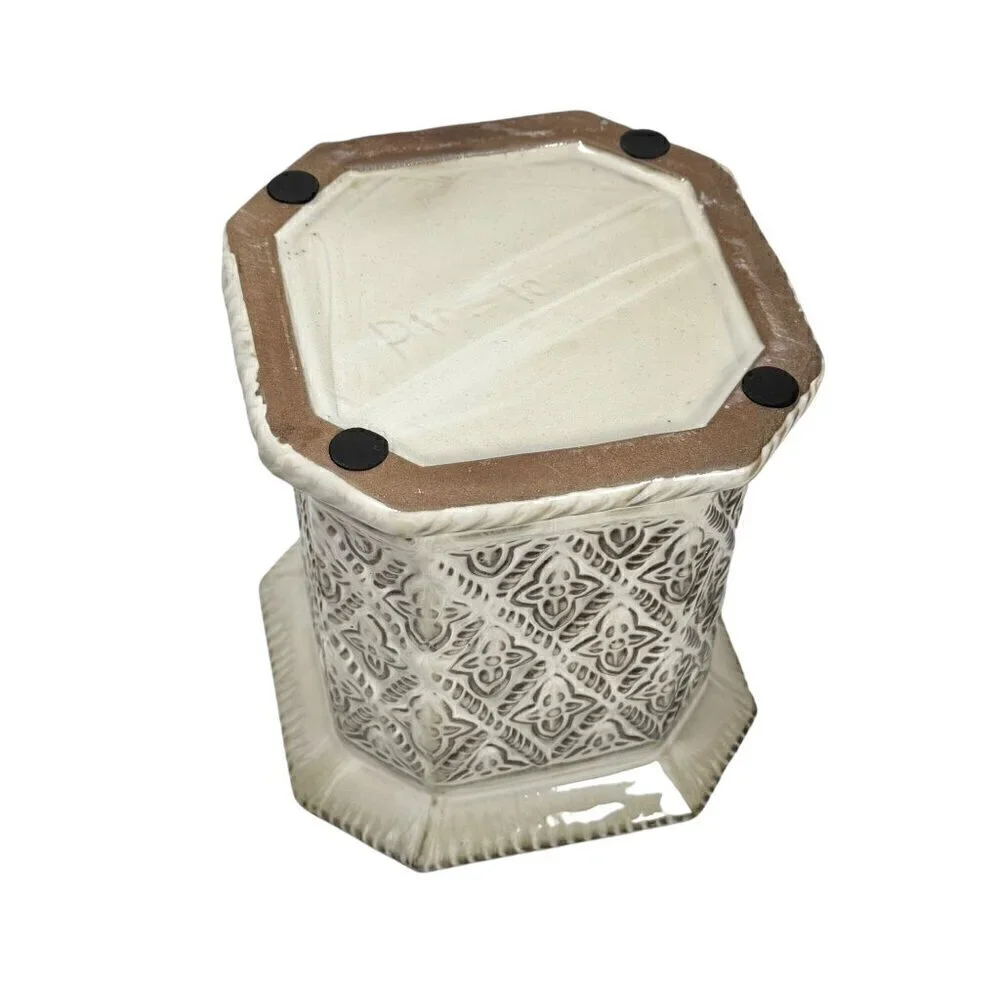 Vintage Ceramic Canister Cookie Jar Cream Kitchen Decor Floral Relief Octagonal